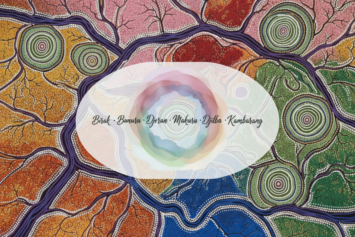 Six Seasons Wheel on Aboriginal Art Background
