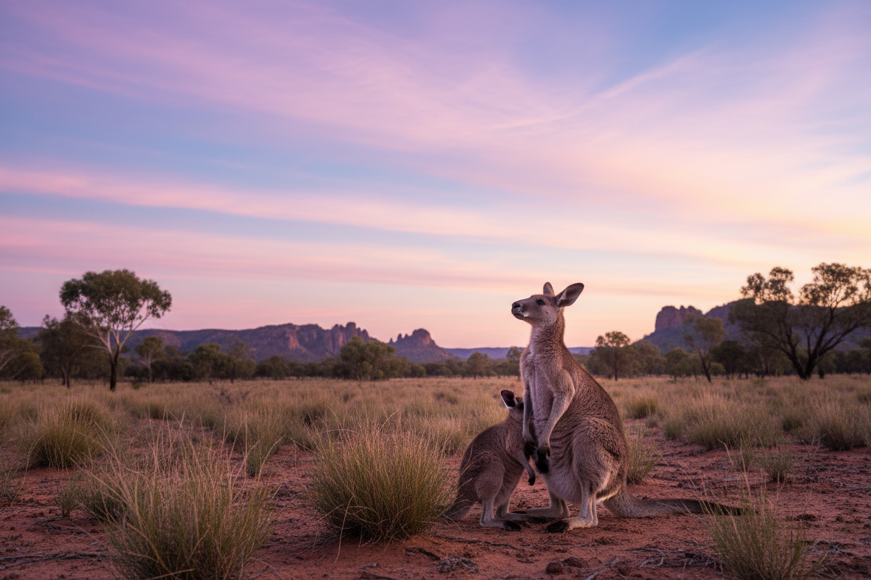A BEAUTIFUL BLUE AND PINK SKY WITH A MOTHER AND BABY KANGAROO WATCHING THE SKY