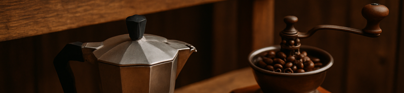 A POT OF COFFEE ON A WOODEN BENCH WITH COFFEE BEANS AND A COFFE EBEAN MIXER