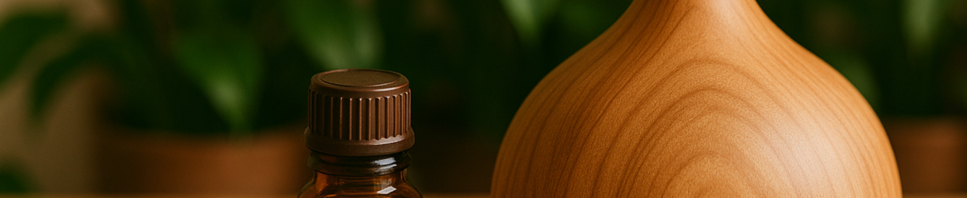 essential oil sitting next to a wooden diffuser on a wooden table with green plants behind