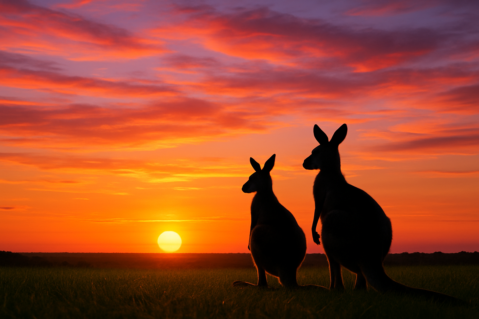 IMAGE OF BEAUTIFUL SUNSET WITH A TWO KANGAROOS ON THE GRASS WATCHING
