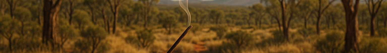 IMAGE OF INCENSE BRUNING AND THE BACKGROUND IS A WOODEN BENCH LOOKING OVER THE AUSTRALIAN BUSH