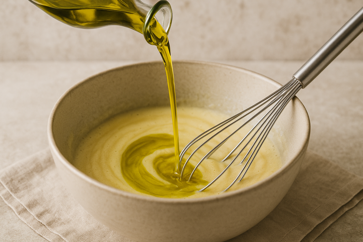 olive oil being mixed into a bowl