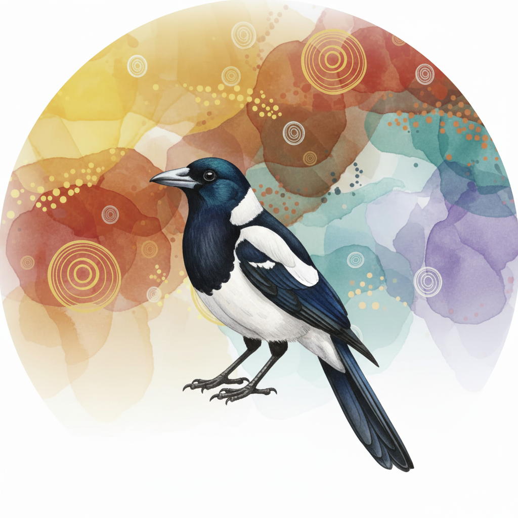 Watercolour Circle with Black Magpie