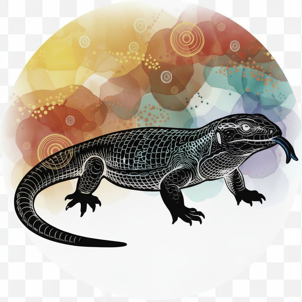 Watercolour Circle with Bold Black Blue-Tongue Lizard